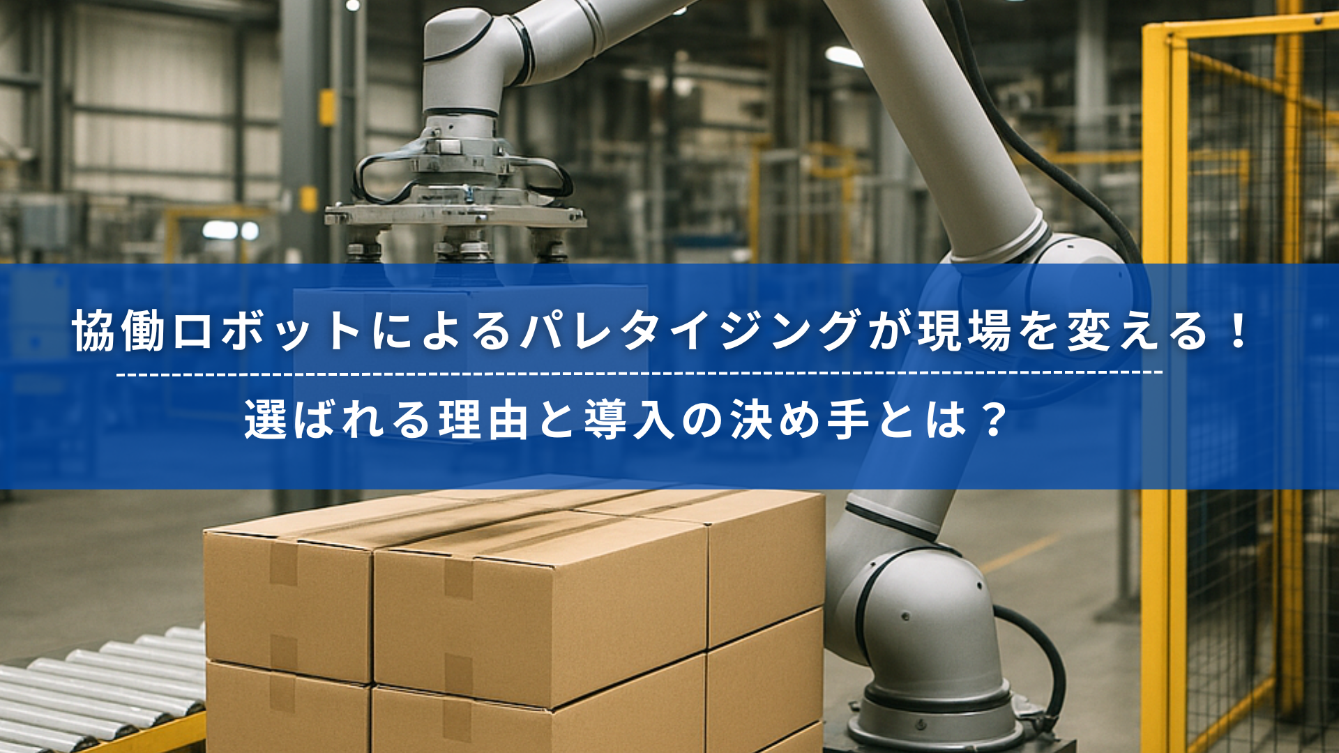 協働ロボットによるパレタイジング作業の自動化風景（段ボール積載中）