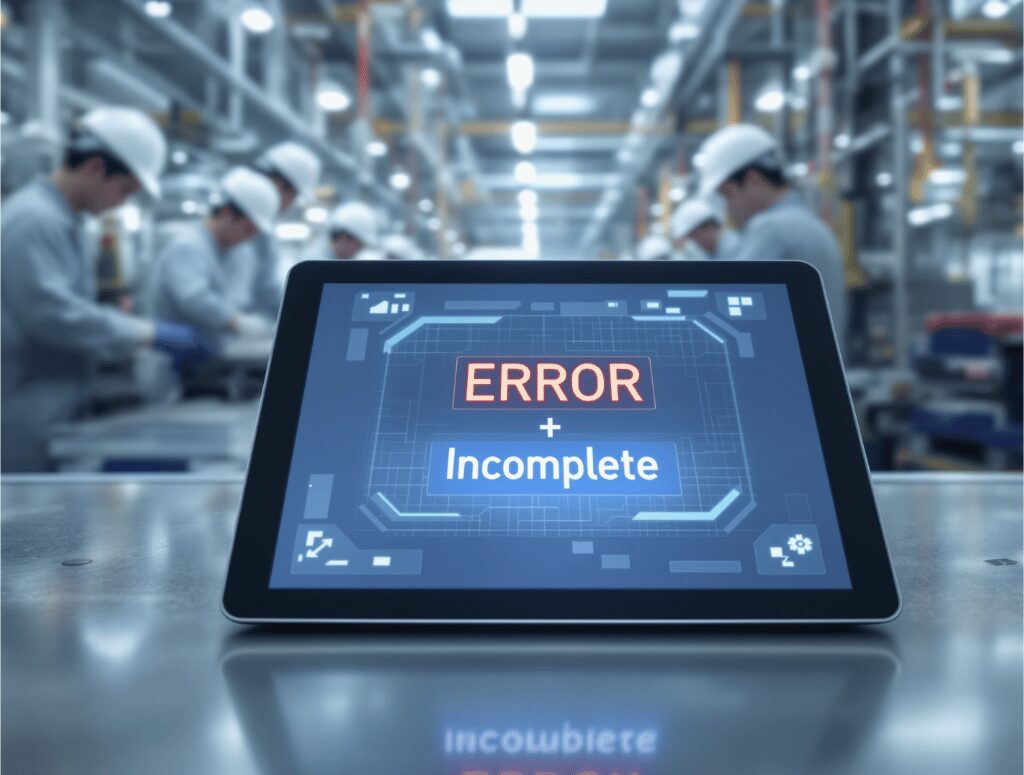 工場の製造ラインを背景に、エラー表示が出ているタブレット端末。