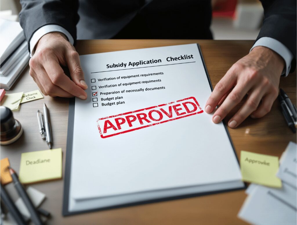 机の上の補助金申請チェックリストに赤い「APPROVED」のスタンプが押されている。