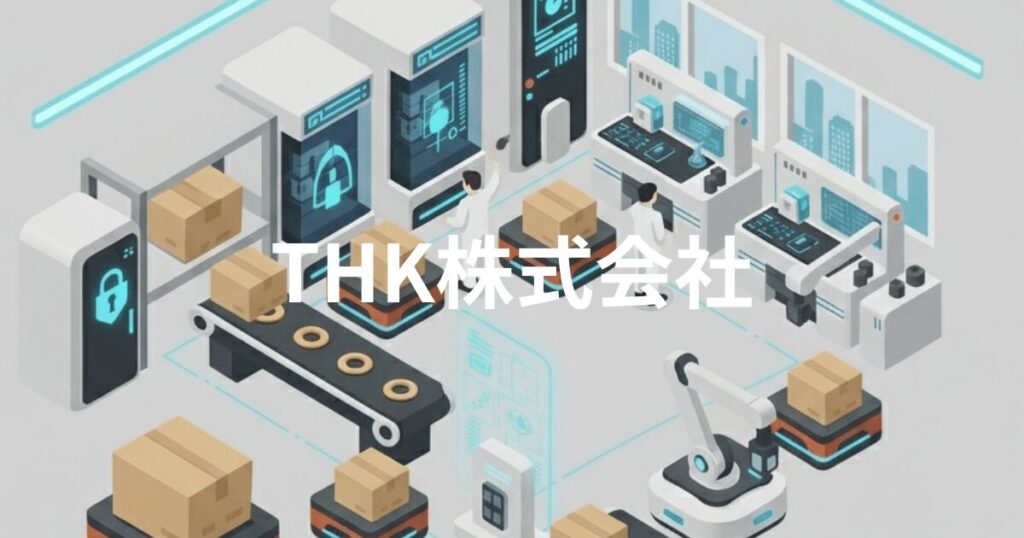 近未来的なスマートファクトリーで自動搬送ロボットと作業員が連携しながら箱を運ぶ様子のイラスト。中央に「THK株式会社」の文字が表示されている。