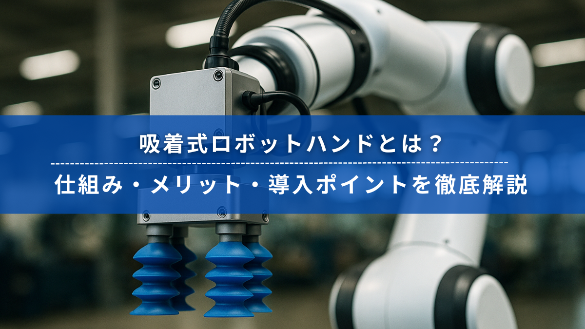 吸着式ロボットハンドのアップ写真。真空吸着パッドを備えたロボットアームが工場内に設置されている様子