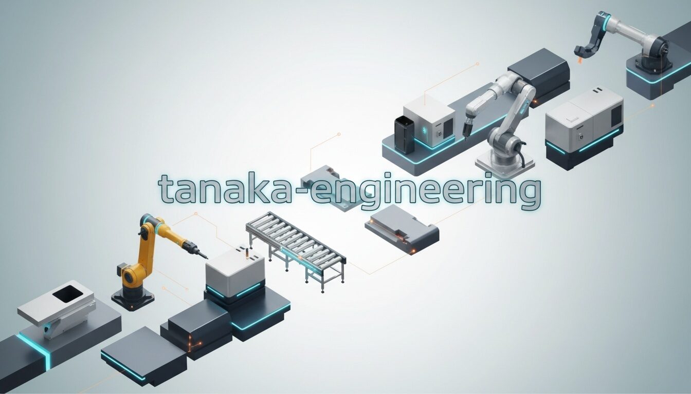 産業用ロボットアームと搬送設備を組み合わせたスマートファクトリーの工程イメージ（タナカエンジニアリングのイメージ画像）