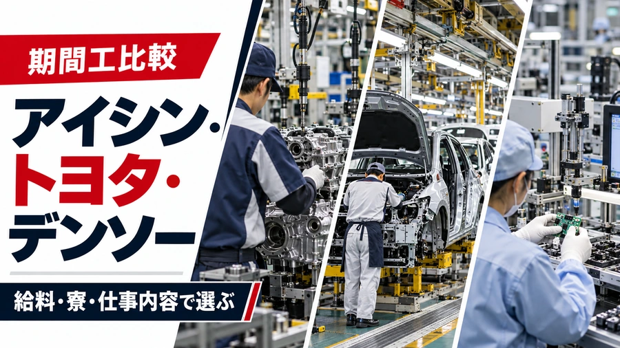アイシン・トヨタ・デンソーの期間工を比較。自動車部品工場、完成車組立ライン、精密部品工場の作業風景と、給料・寮・仕事内容で選ぶという見出しを配置した画像。