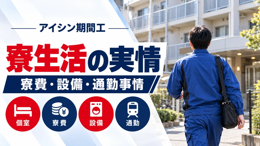 アイシン期間工の寮生活を解説するアイキャッチ画像。青い作業服の男性が社員寮へ帰宅する後ろ姿と、個室・寮費・設備・通勤事情を紹介する文字を配置。