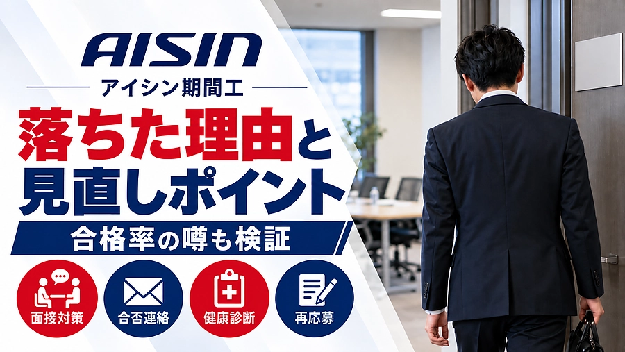 アイシン期間工に落ちた理由と選考の見直しポイントを解説するアイキャッチ画像。面接室を出るスーツ姿の人物の後ろ姿と、合格率・面接対策・健康診断・再応募の情報を掲載。