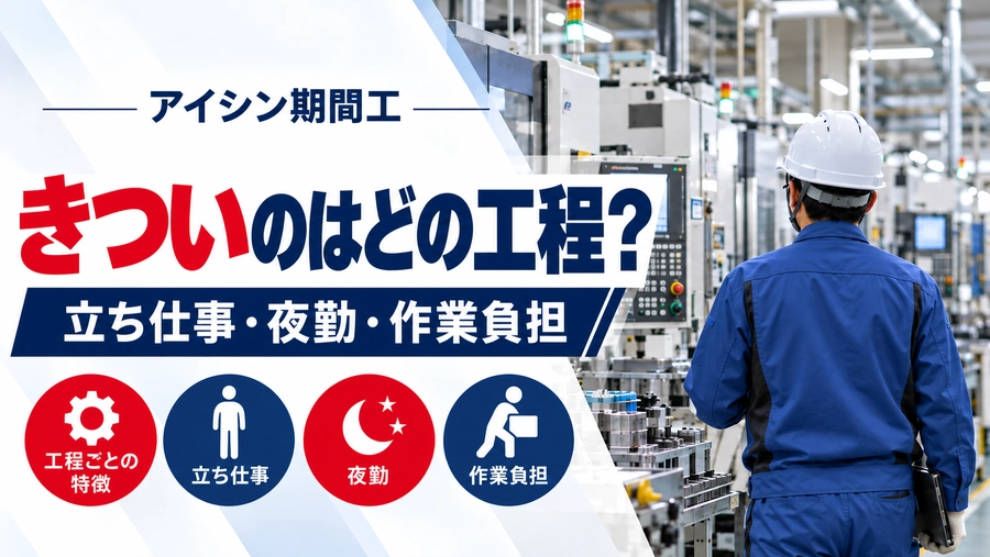 アイシン期間工の工程別のきつさを解説するアイキャッチ画像。青い作業服の作業者が工場内の加工設備を確認する後ろ姿と、立ち仕事・夜勤・作業負担の文字を配置。