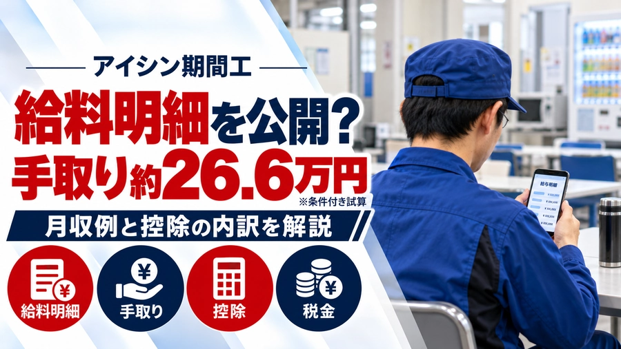 アイシン期間工の給料明細と手取り約26.6万円の試算を解説するアイキャッチ画像。青い作業服の男性が工場の休憩室でスマートフォンの給与明細を確認している。