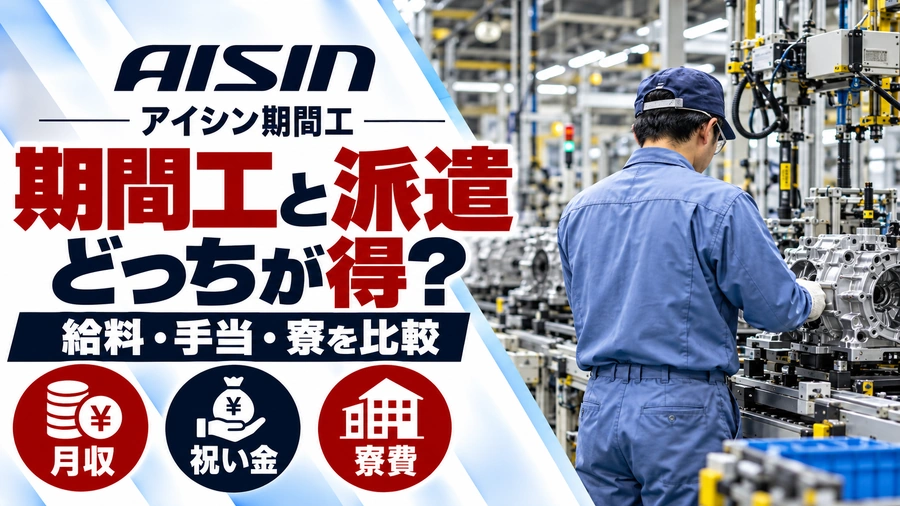 アイシン期間工と派遣社員の給料・手当・寮費を比較するアイキャッチ画像。自動車部品の製造ラインで働く作業員の後ろ姿。