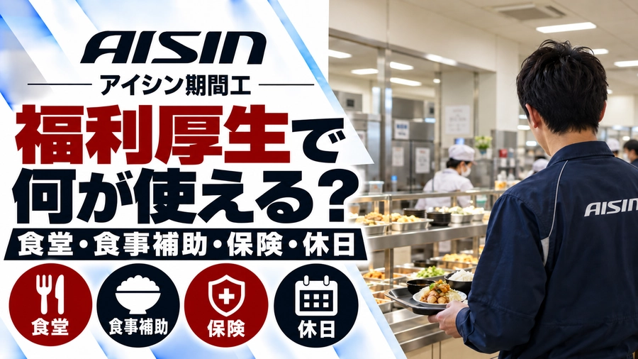 アイシン期間工の福利厚生を紹介するアイキャッチ画像。社員食堂で料理を選ぶ作業員の後ろ姿と、食堂・食事補助・保険・休日の案内。