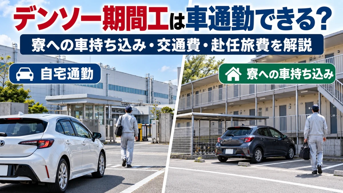 デンソー期間工の自宅からの車通勤と、寮への車持ち込みの違いを左右に分けて示したアイキャッチ画像