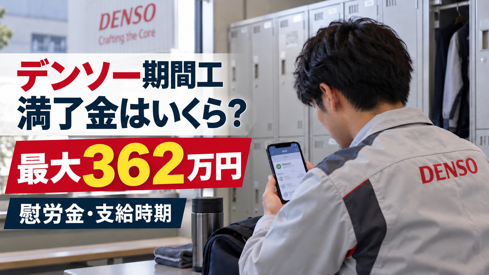 作業着姿の男性がロッカールームでスマホを確認している様子と、「デンソー期間工 満了金はいくら？ 最大362万円 慰労金・支給時期」の文字を配置したアイキャッチ画像