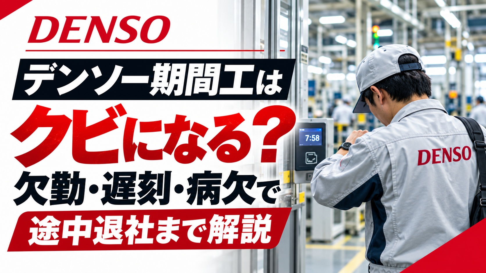 代替テキストつくって デンソー期間工が工場で時刻を確認する後ろ姿とともに、欠勤・遅刻・病欠でクビになるのか、途中退社まで解説する内容を示したアイキャッチ画像