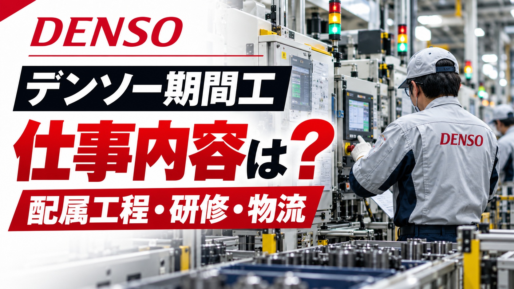 複数の製造設備を確認する作業員の後ろ姿と、「デンソー期間工 仕事内容は？ 配属工程・研修・物流」の文字を配置したアイキャッチ画像