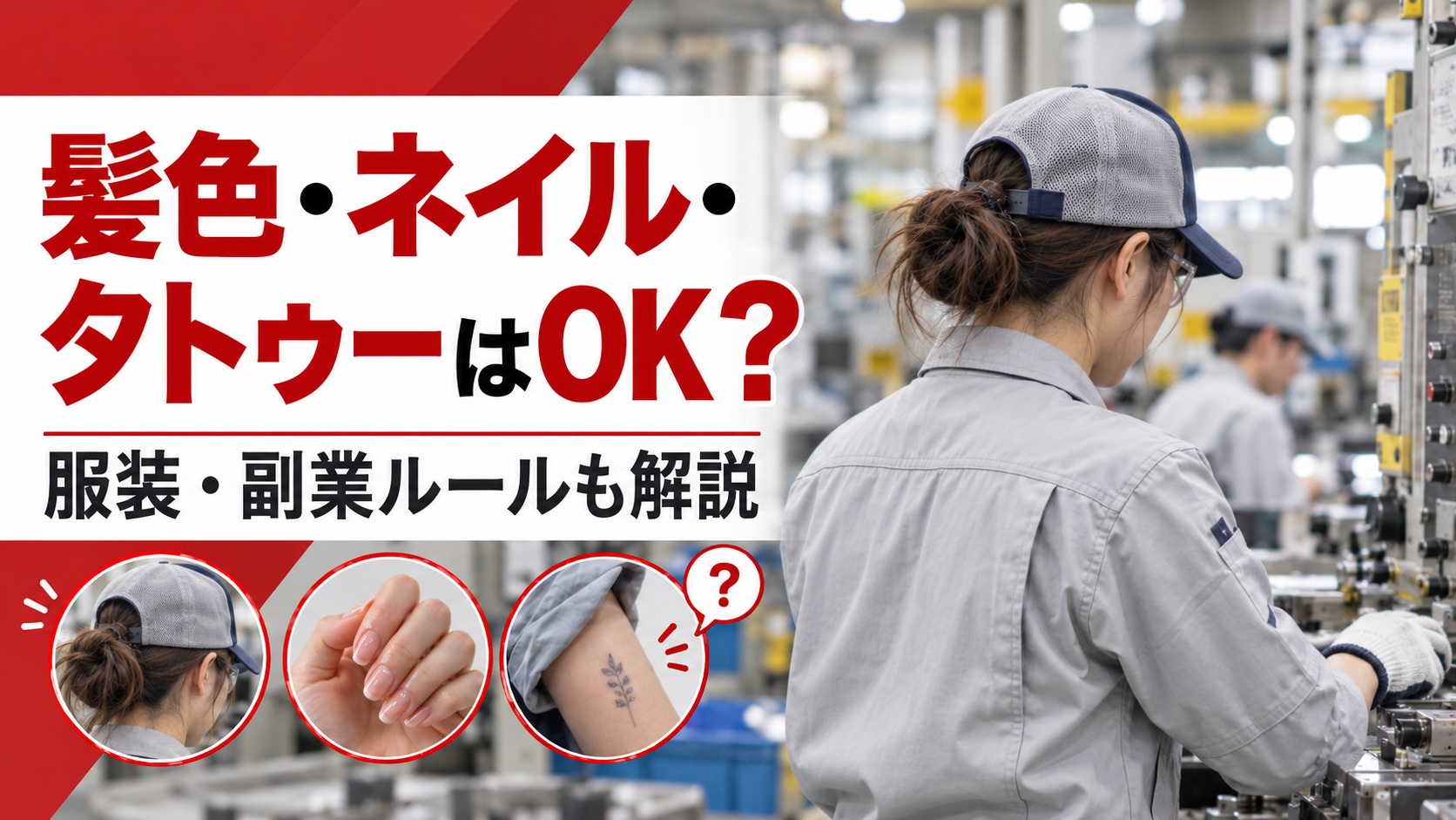 デンソー期間工の工場で働く女性作業員の後ろ姿と、髪色・ネイル・タトゥー、服装・副業ルールを解説するアイキャッチ画像
