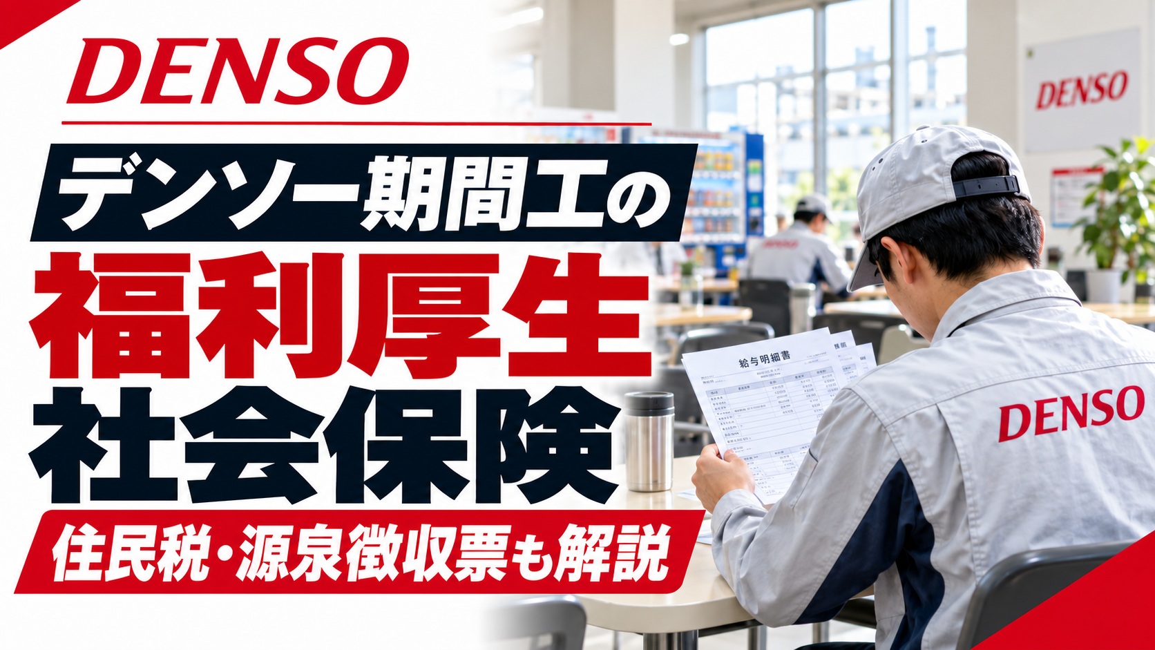 デンソー期間工の福利厚生・社会保険・住民税・源泉徴収票を解説するアイキャッチ画像。工場の休憩スペースで給与明細を確認する作業員の後ろ姿。