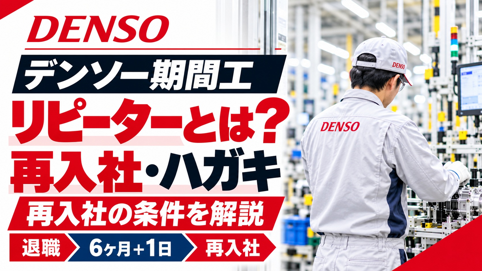 デンソー期間工のリピーター・再入社の条件とハガキについて解説したイメージ。退職から6ヶ月＋1日後の再入社を示している。