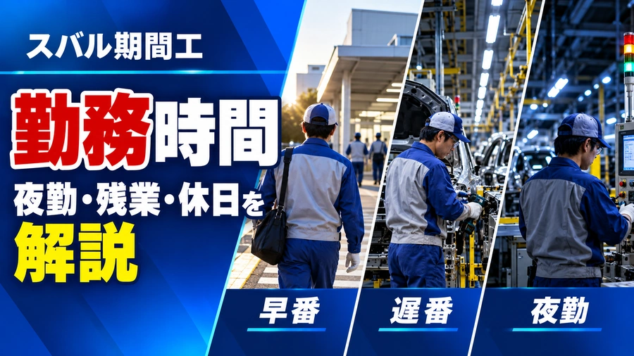 スバル期間工の勤務時間を紹介するアイキャッチ画像。早番・遅番・夜勤の3つの勤務時間帯と、残業・休日について解説