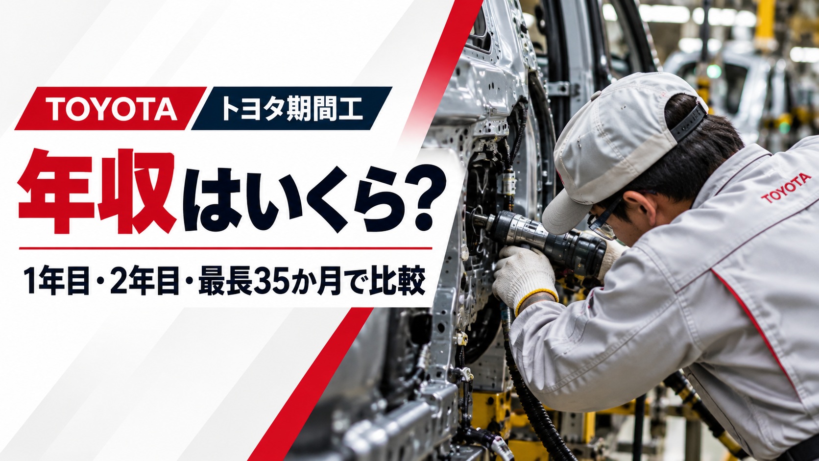 トヨタ期間工の年収を1年目・2年目・最長35か月で比較するアイキャッチ画像。自動車組立工場で、作業員が車体に身をかがめて工具を使い、組立作業をしている様子。