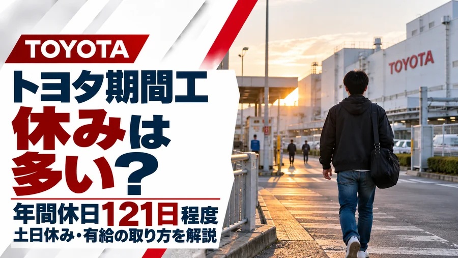 トヨタ期間工の年間休日121日程度・土日休み・有給休暇を解説するアイキャッチ画像。夕暮れのトヨタ工場を背景に、私服の男性がバッグを持って歩く後ろ姿。