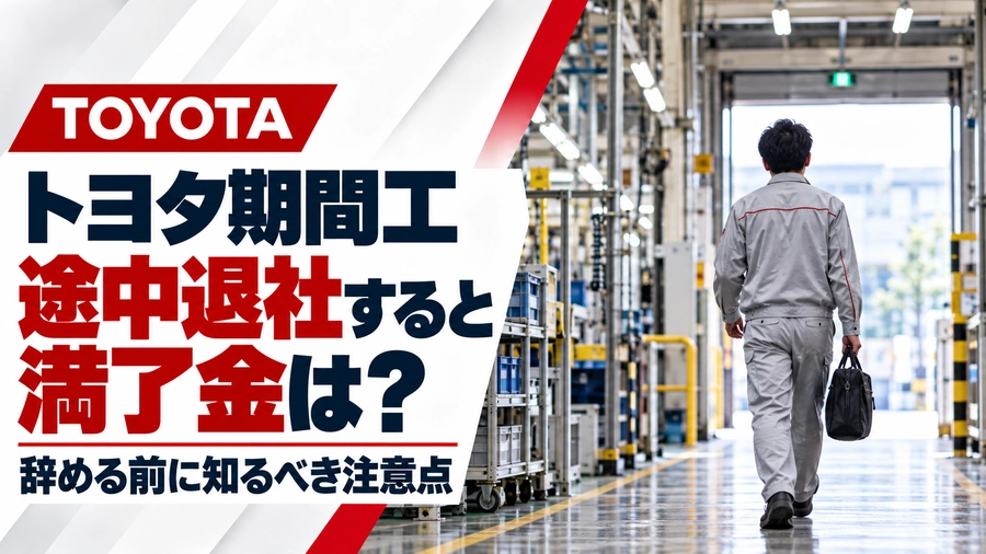 トヨタ期間工の途中退社と満了金を解説するアイキャッチ画像。工場の出口へバッグを持って歩く男性作業員の後ろ姿と、「途中退社すると満了金は？」「辞める前に知るべき注意点」の文字。