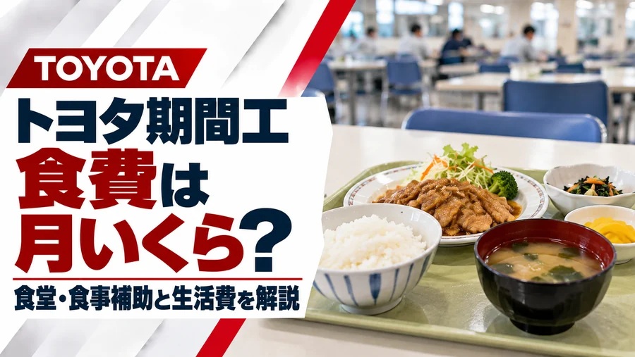 トヨタ期間工の食費や食堂・食事補助について解説するアイキャッチ画像。社員食堂のトレーに並んだご飯、味噌汁、肉料理、野菜などの定食と、「食費は月いくら？」「食堂・食事補助と生活費を解説」の文字を掲載。