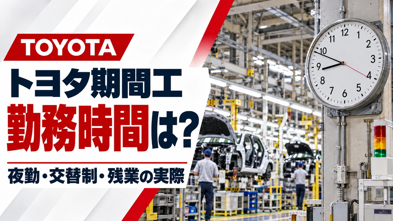 トヨタ期間工の勤務時間を解説するアイキャッチ画像。自動車の製造ラインと工場内の大きなアナログ時計