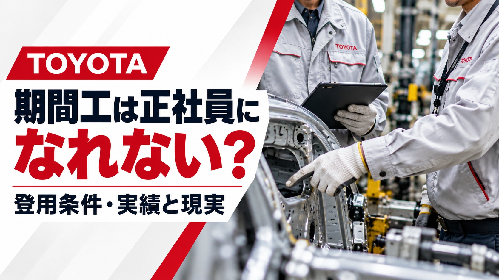 トヨタ期間工の正社員登用について解説するアイキャッチ画像。自動車製造ラインで上司と作業員が車体を確認する様子