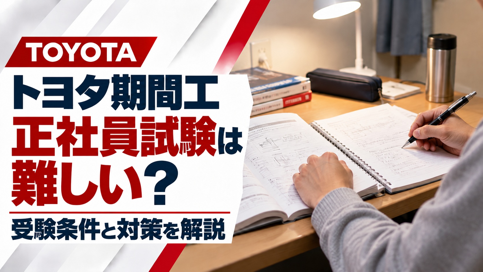 トヨタ期間工の正社員登用試験を解説するアイキャッチ画像。自室で私服姿の人物が問題集とノートを使って勉強する様子と、「正社員試験は難しい？」「受験条件と対策を解説」の文字を掲載。