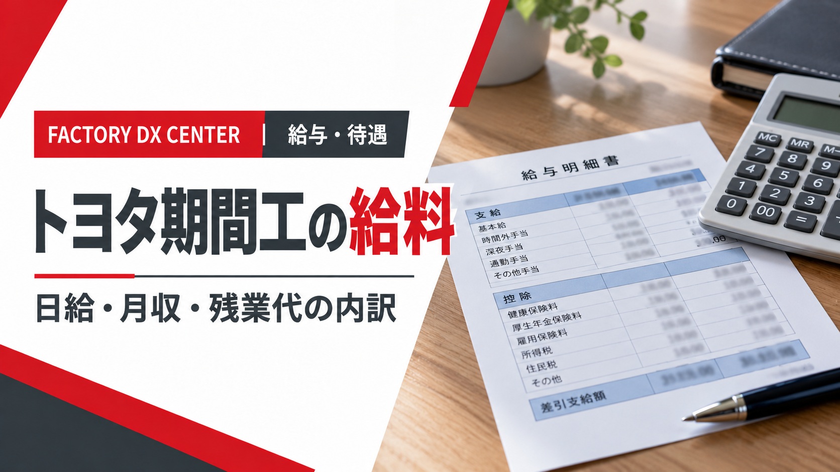 トヨタ期間工の給料を解説するアイキャッチ画像。木目のデスクに給与明細書、電卓、ペンを配置し、日給・月収・残業代の内訳を紹介。