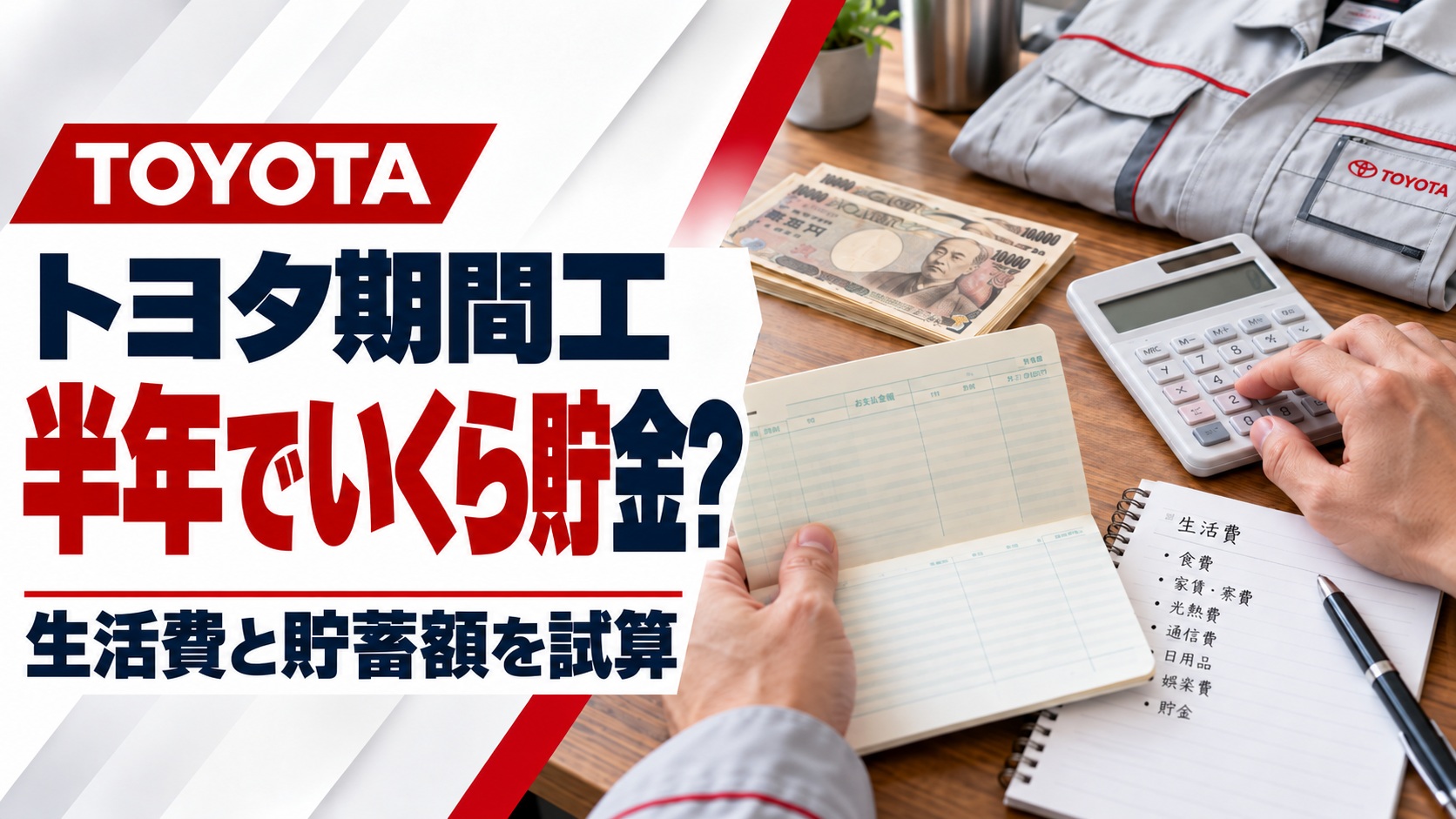 トヨタ期間工の半年間の貯金額を解説するアイキャッチ画像。電卓、通帳、日本円の紙幣、家計簿を使って生活費と貯蓄額を計算する様子