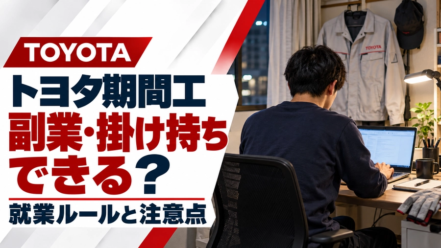 トヨタ期間工の副業・掛け持ちを解説するアイキャッチ画像。仕事を終えた男性が自宅でノートパソコンに向かう後ろ姿と、就業ルール・注意点の見出し