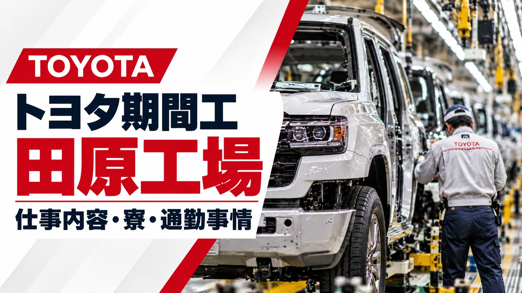 トヨタ期間工の田原工場を紹介するアイキャッチ画像。大型SUVの製造ラインと作業員の後ろ姿