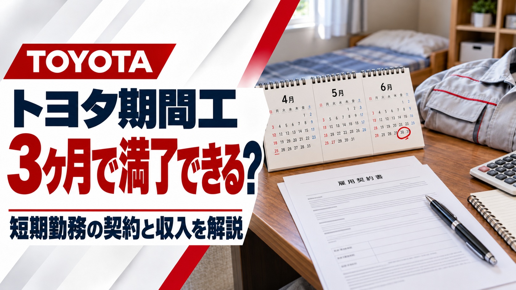 トヨタ期間工の3ヶ月満了を解説するアイキャッチ画像。寮の個室を背景に、3ヶ月分のカレンダー、雇用契約書、ボールペンを配置し、「3ヶ月で満了できる？」「短期勤務の契約と収入を解説」の文字を掲載。