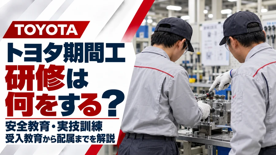 トヨタ期間工の入社後研修を解説するアイキャッチ画像。作業服姿の新人が先輩社員の指導を受けながら工具を使って実技訓練を行う様子。安全教育・受入教育から工場配属までの流れを紹介。
