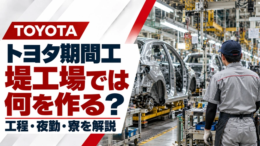 トヨタ期間工の堤工場を紹介するアイキャッチ画像。自動車の生産ラインと作業員の後ろ姿を背景に、仕事内容・工程・夜勤・寮について解説